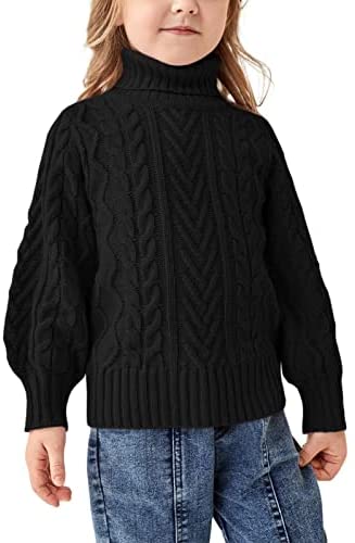 Girls Sweater Turtle Neck Puff Sleeve Chunky Cable Knit Kids Pullover Jumper Top