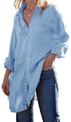 Karlywindow Womens Button Down Tunic Shirts Cotton Linen Long Sleeve Work Blouse Loose Casual Beach Cover Up Shirt