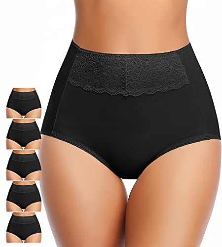 Women's High Waisted Cotton Underwear Soft Breathable Full Coverage Stretch Briefs Ladies Panties 5-Pack