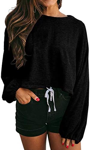 GAMISOTE Women's Waffle Knit Long Sleeve Tops Oversized Plain Crop Pullover Sweaters