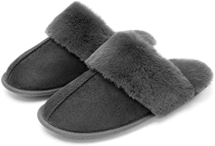 Katliu Women's Fluffy Slippers Warm Faux Fur Memory Foam Slippers Non Slip House Slippers