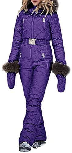 Womens Onesies Ski Suit Winter Outdoor Waterproof Ski Jumpsuit Jacket Overall Snowsuit Fur Collar with Hoodies Removable