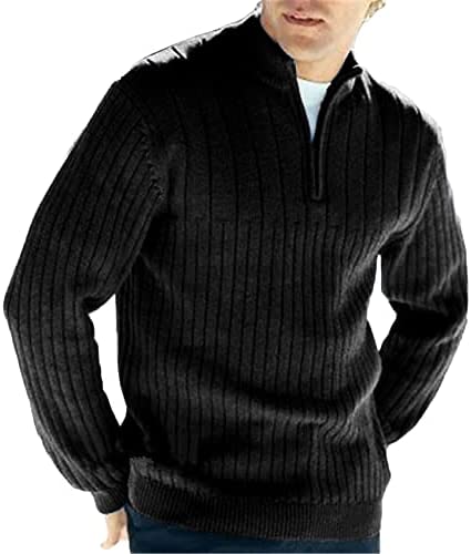 Mens Quarter Zip Up Sweaters Turtleneck Plain Knitted Pullover Casual Ribbed Chunky Fall Winter Polo