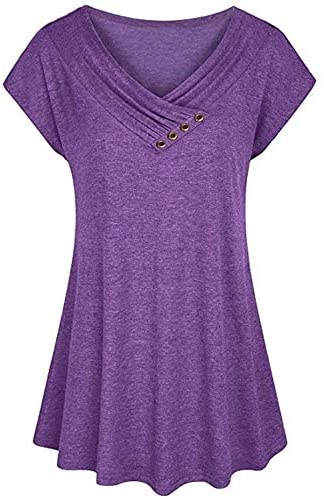Women's Pullover Solid Short Bat Sleeve Blouses V Neck Big Swing Plain Shirts