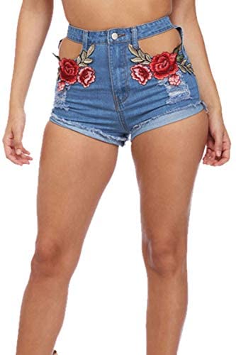 Women's Sexy Cutout Floral Embroidered High Rise Slim Junior Denim Shorts