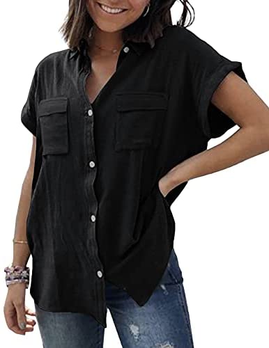 Womens V Neck Button Down Shirt Cuffed Sleeve Summer Beach Casual Tops Loose Fit Blouse with Two Side Pockets