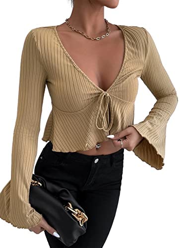 Womens Deep V Neck Crop Tee Ribbed Long Bell Sleeve Drawstring Casual Tie Front Blouse Solid Color Ruffle Hem Pullover Tops