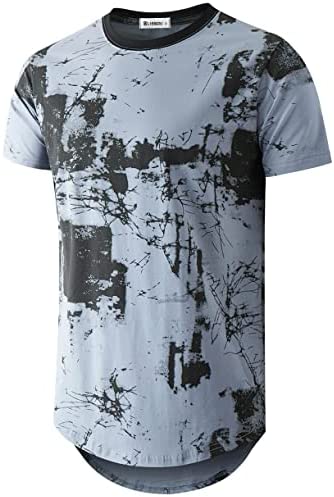 KLIEGOU Mens Hipster Hip Hop Ripped Round Hemline Pattern Print T Shirt
