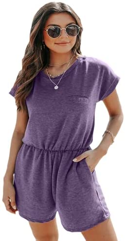 Dyexces Womens Crew Neck Rompers Summer Shorts Loose Tie Short Sleeve Stretch Waist Rompers with Pockets