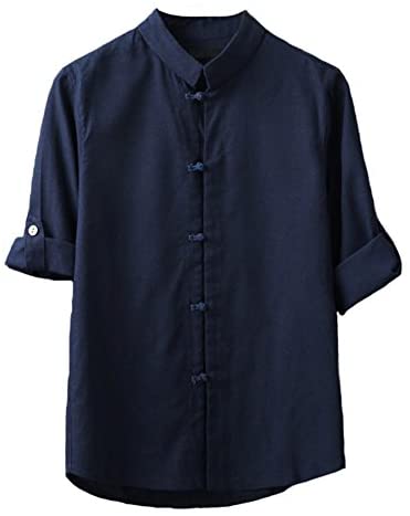 Plaid&Plain Men's Linen Cotton Mandarin Collar Roll-Up Sleeve Frog-Button Shirt