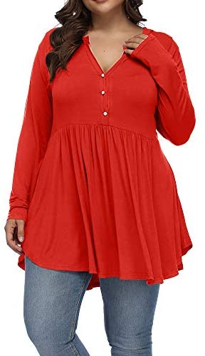 Women's Plus Size Henley V Neck Button Tunic Tops Long sleeve Swing Flowy Shirts