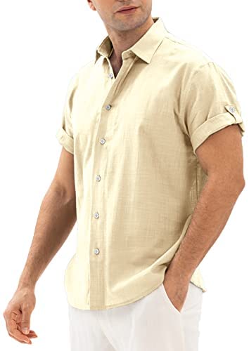 Men's Casual Button Down Linen Shirt Short Sleeve Lightweight Solid Breathable Nomal Collar Tops Shirts