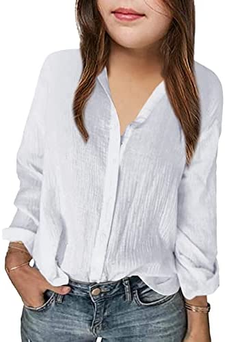 Girls Casual Long Sleeve Button Down Shirts Dress V Neck Tops Loose Soft Tunic Blouse