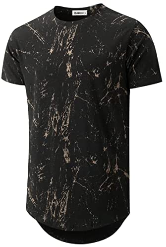 KLIEGOU Mens Hipster Hip Hop Ripped Round Hemline Pattern Print T Shirt