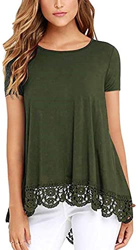 Women's O Neck Long Short Sleeve Solid Blouses Lace Trim A Line Shirts