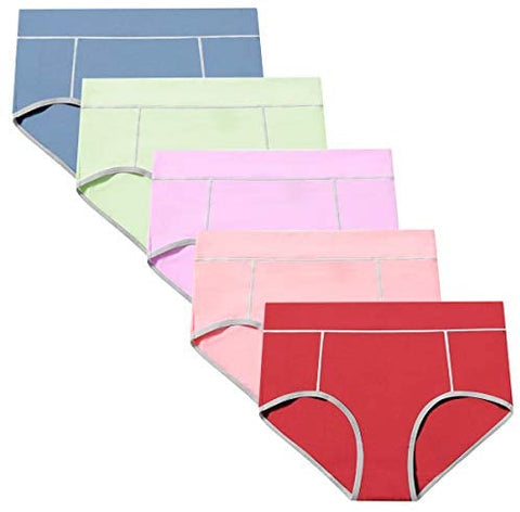 POKARLA Women's Cotton Stretch Underwear Ladies Mid-high Waisted Briefs Panties 5-Pack