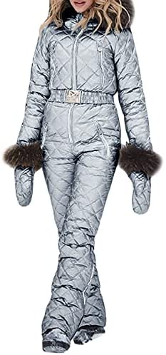 Womens Onesies Ski Suit Winter Outdoor Waterproof Ski Jumpsuit Jacket Overall Snowsuit Fur Collar with Hoodies Removable