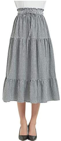 Womens A Line Long Midi Denim Skirt Tired Pleated Layers Elastic Waist Front Drawstring