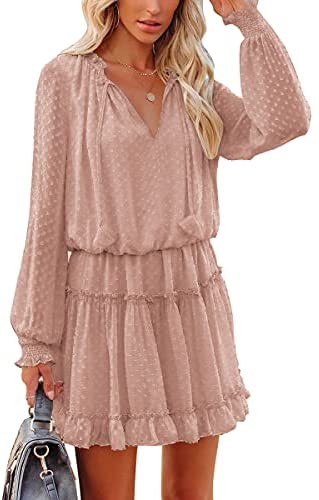 Womens Flowy Mini Swing Dress Casual Loose Long Sleeve V Neck Ruffle Tiered Swiss Dot Chiffon Short Dress