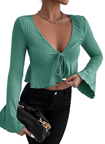Womens Deep V Neck Crop Tee Ribbed Long Bell Sleeve Drawstring Casual Tie Front Blouse Solid Color Ruffle Hem Pullover Tops