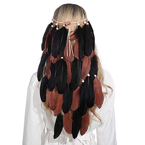 Bohemian Feather Headband Boho Headdress - Hippie Indian Feather Hairband Festival Hair Band Carnival Headwear for Women Native American Headpiece (Purple+Speckled feather)