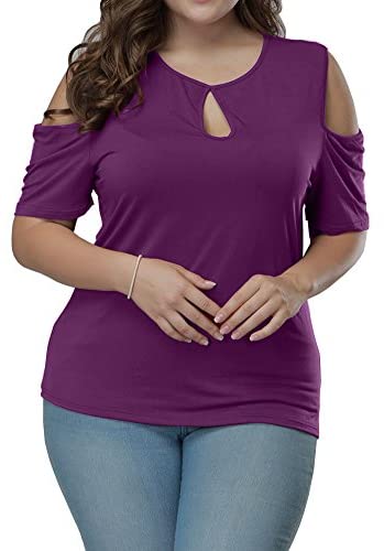 Women's Plus Size Top Keyhole Front Short Sleeve Cold Shoulder T Shirt