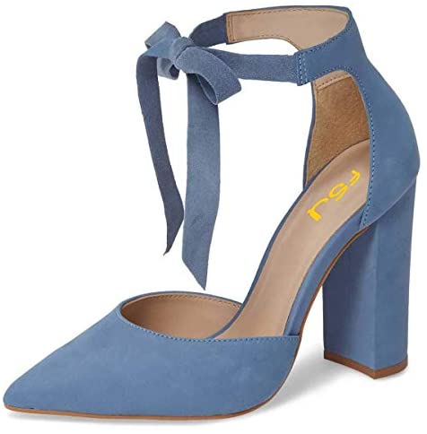 FSJ Women Faux Suede Chunky Block Heel Pump D'Orsay Pointed Toe Ankle Strap Lace Up Sandals Size 4-15 US