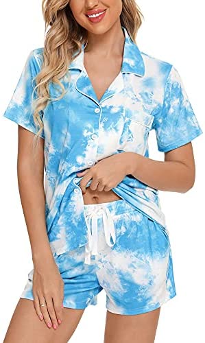 Womens Pajamas Set Short Sleeve Sleepwear Button Down Nightwear Shorts Soft Pj Sets S-XXL