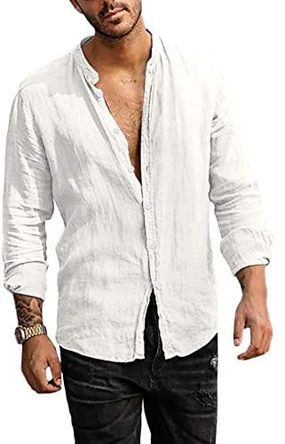 Men's Linen Button Down Shirt Long Sleeve Casual Loose Hippie Beach Yoga T-Shirts Tops