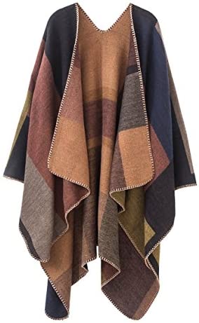 Women's Color Block Shawl Wrap Open Front Poncho Cape