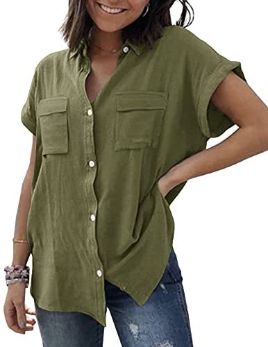 Womens V Neck Button Down Shirt Cuffed Sleeve Summer Beach Casual Tops Loose Fit Blouse with Two Side Pockets