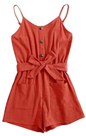 GAMISOTE Girls Romper Strappy Sleeveless Button Tie Front Jumpsuit With Pockets