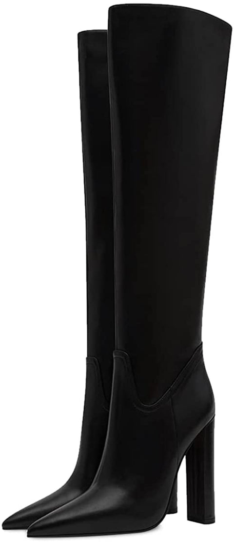 FSJ Women Sexy Knee High Chunky Heel Boots Matte Leather Closed Pointed Toe Side Zipper High Heeled Wide Calf Winter Fashion Dress Booties 4-15 M US