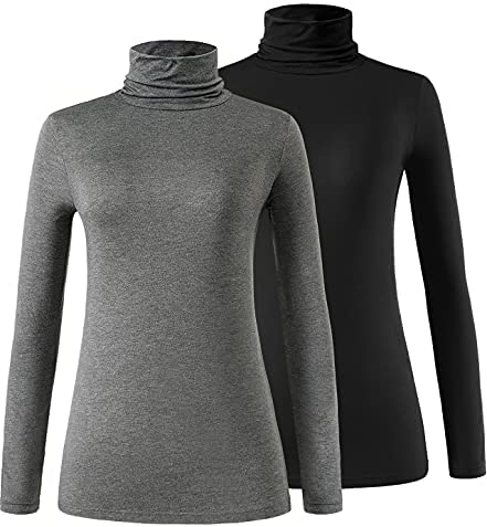 Xelky Womens Long Sleeve Turtleneck Shirt Lightweight Slim Turtle Neck Active Tops Basic Pullover Undershirt 2 Pack