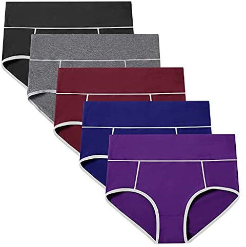 POKARLA Women's High Waisted Cotton Underwear Soft Breathable Panties Stretch Briefs Regular & Plus Size 5-Pack