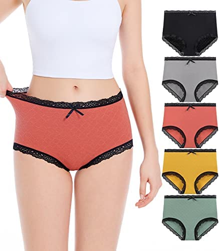 High Waisted Cotton Underwear For Women,Breathable Soft Cotton Full Brief Panties Stretch Lace Ladies Panties For Women