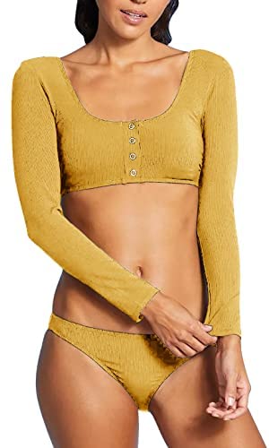 GAMISOTE Women Two Piece Swimsuits Long Sleeve Button Up Crop Top Bikini Bottoms Swimwear