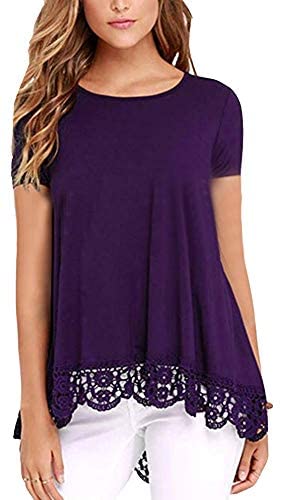 Women's O Neck Long Short Sleeve Solid Blouses Lace Trim A Line Shirts