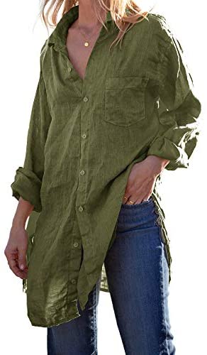 Karlywindow Womens Button Down Tunic Shirts Cotton Linen Long Sleeve Work Blouse Loose Casual Beach Cover Up Shirt