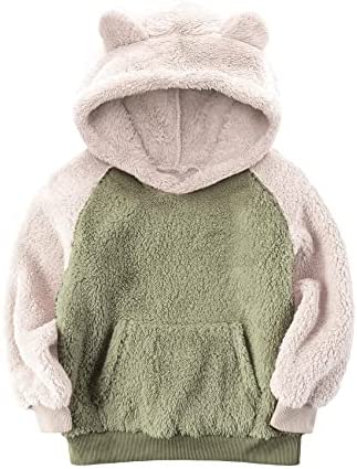 Baby Kids Girls Boys Fluffy Hoodies Sherpa Fleece Sweatshirts Winter Coats Cute Ear Pullovers with Kangaroo Pocket
