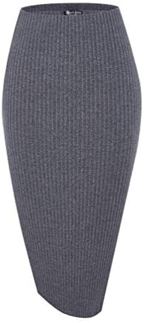 Elastic High Waist Knee Length Pencil Skirt Ribbed Knit Basic Tube Midi Skirt