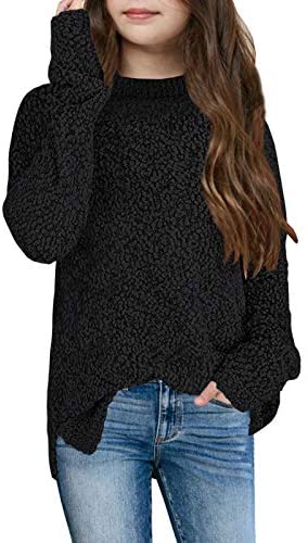 GAMISOTE Girl's Fuzzy Warm Sweater Crew Neck Chunky Side Slit Jumper Pullover Outwear