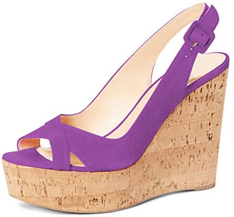 FSJ Women Summer Platform Wedge High Heeled Sandals Peep Toe Slingback Dress Faux Suede Pump Size 4-15 US