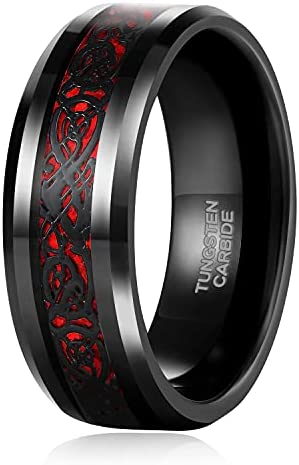 TRUMIUM 8mm Tungsten Ring for Men Celtic Dragon Inlay Red/ Green Mens Wedding Bands Comfort Fit Size 7-13