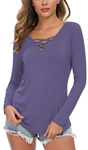 WNEEDU Women's Casual Long Sleeve T-Shirt Criss Cross V-Neck Basic Tees Tops