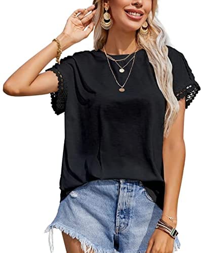Womens Short Sleeve Tops Lace Patchwork Crewneck Bat Sleeve T Shirts Basic Casual Tee