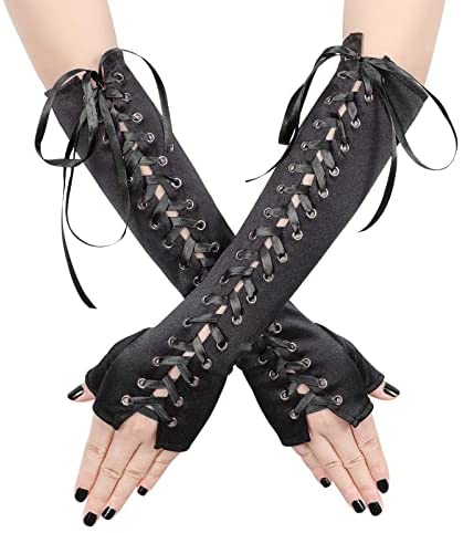 Womens Fingerless Gloves Black Satin Mitten Lace Up Steampunk Arm Warmer Gothic Elbow Gloves for Halloween Costume
