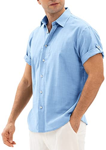 Men's Casual Button Down Linen Shirt Short Sleeve Lightweight Solid Breathable Nomal Collar Tops Shirts