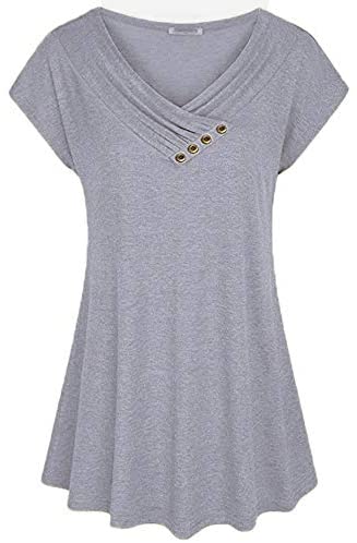 Women's Pullover Solid Short Bat Sleeve Blouses V Neck Big Swing Plain Shirts
