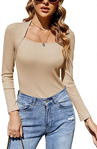 GAMISOTE Womens Slim Fit Long Sleeve Tops Scoop Neck Ribbed Knit Night Out Tunic Blouses